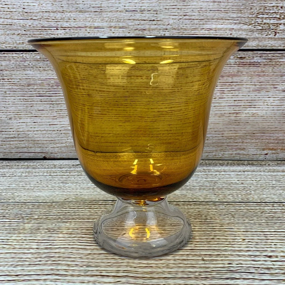 Amber‎ Gold Glass Vase * Candle Holder Footed Pedestal Trumpet Shaped Home Decor